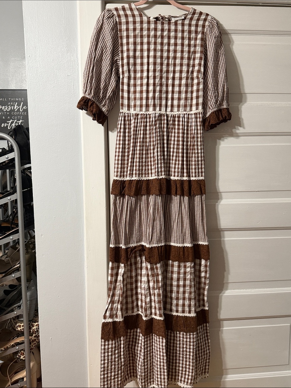 Brown & White Gingham Tiered Maxi Dress